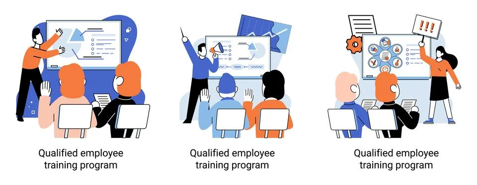 Qualified employee training program. Refresher course. Help in professional Illustrazione stock