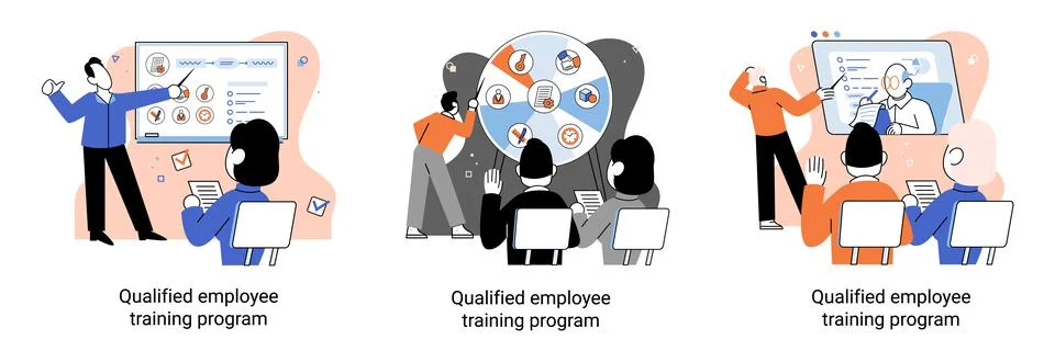 Qualified employee training program. Refresher course. Help in professional Illustrazione stock