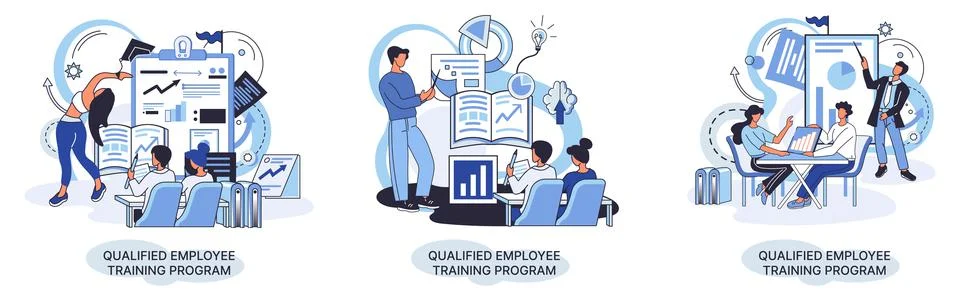 Qualified employee training program. Refresher course. Help in professional Illustrazione stock