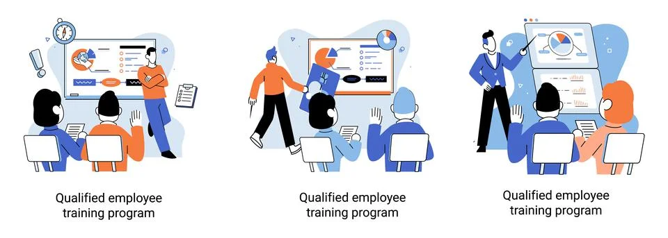 Qualified employee training program. Refresher course. Help in professional Illustrazione stock