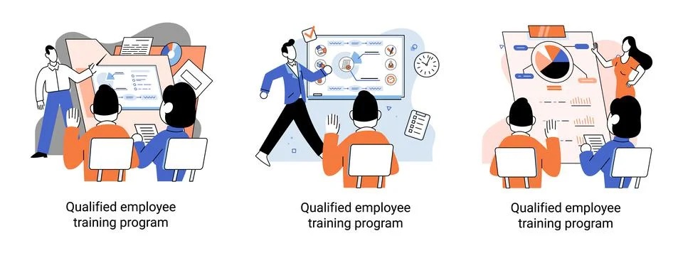 Qualified employee training program. Refresher course. Help in professional Illustrazione stock