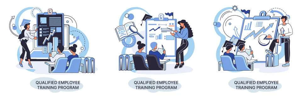 Qualified employee training program. Refresher course. Help in professional Illustrazione stock