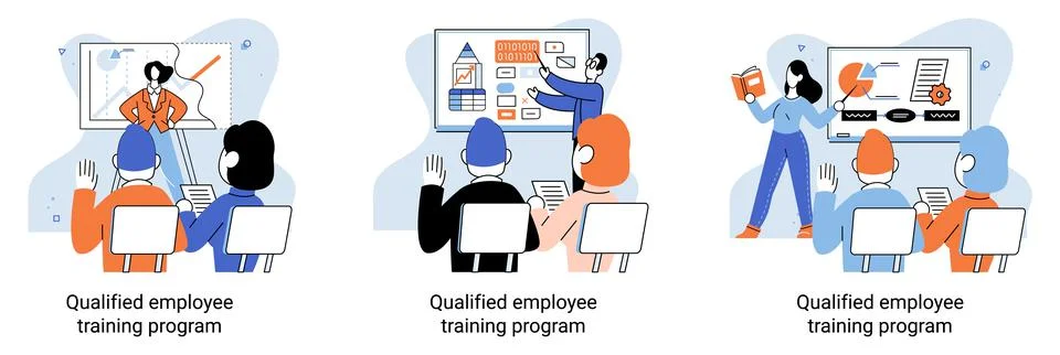 Qualified employee training program. Refresher course. Help in professional Illustrazione stock