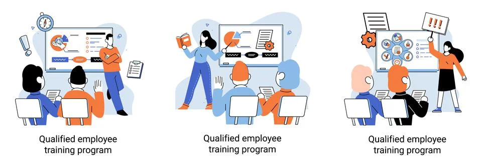Qualified employee training program. Refresher course. Help in professional Illustrazione stock