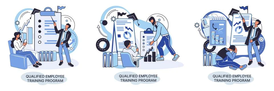 Qualified employee training program. Refresher course. Help in professional Illustrazione stock