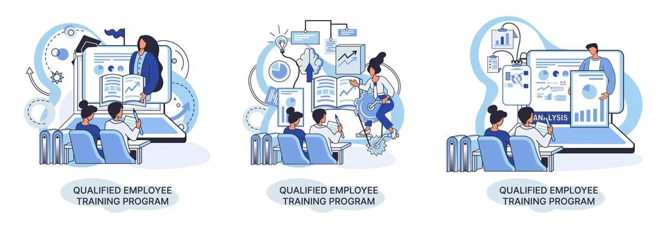 Qualified employee training program. Refresher course. Help in professional Illustrazione stock