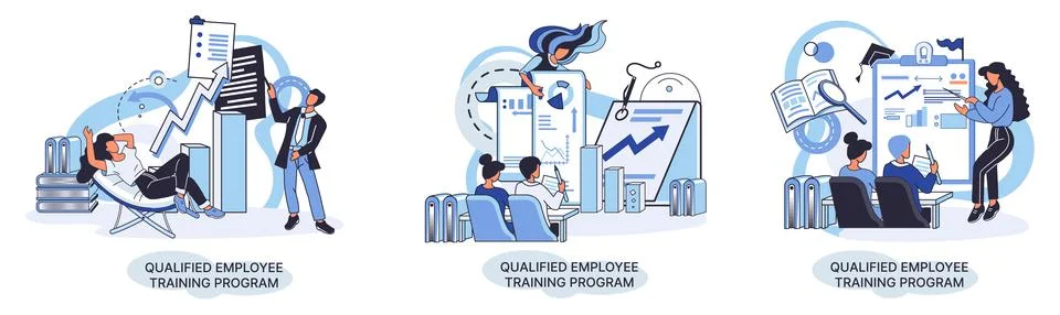 Qualified employee training program. Refresher course. Help in professional Illustrazione stock