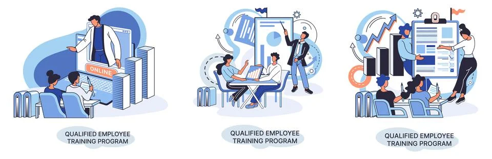 Qualified employee training program. Refresher course. Help in professional Illustrazione stock