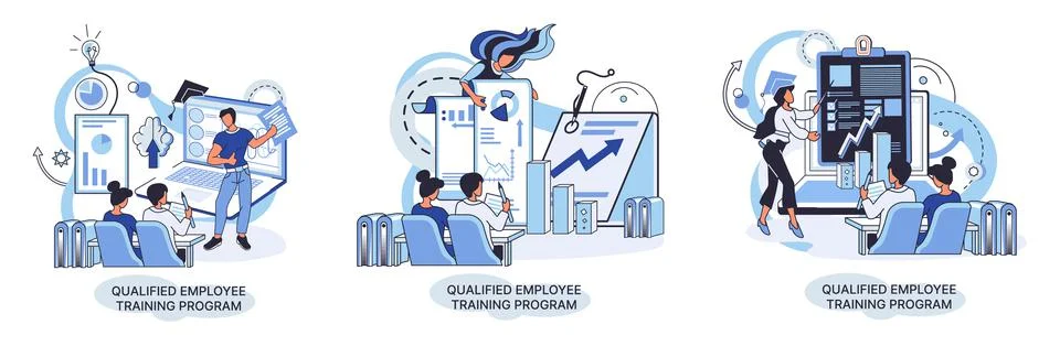 Qualified employee training program. Refresher course. Help in professional Illustrazione stock