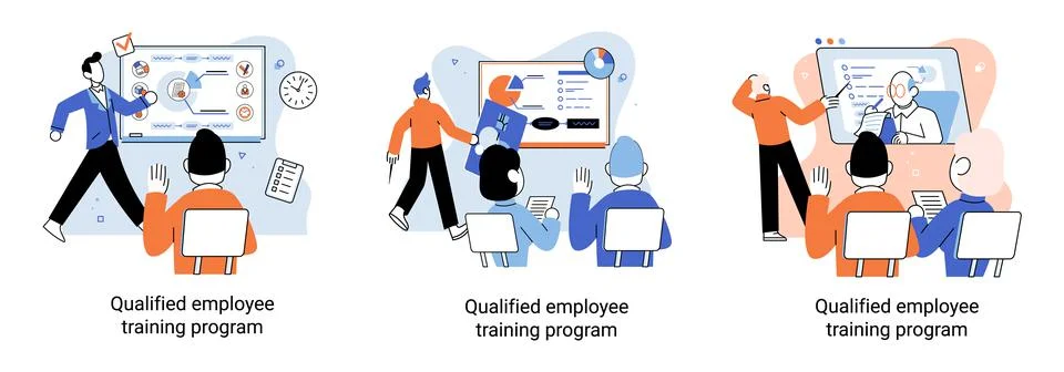 Qualified employee training program. Refresher course. Help in professional Illustrazione stock