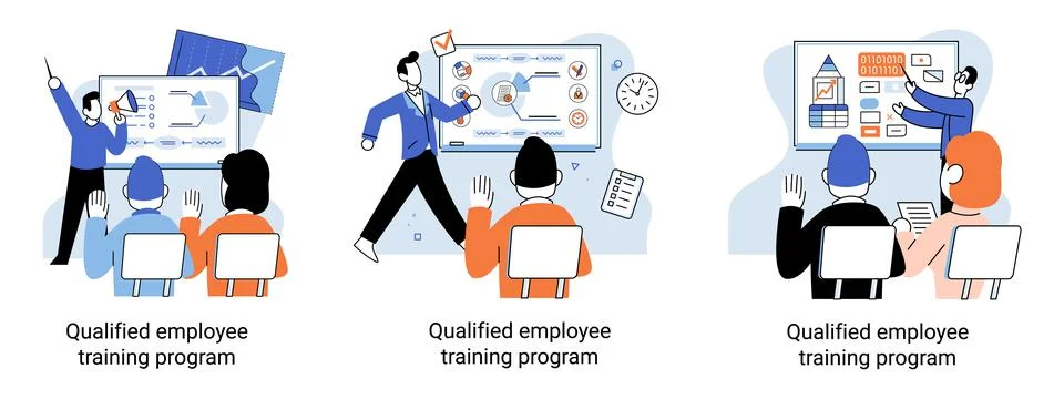 Qualified employee training program. Refresher course. Help in professional Illustrazione stock