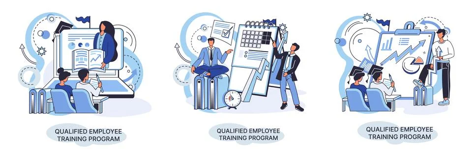 Qualified employee training program. Refresher course. Help in professional Illustrazione stock