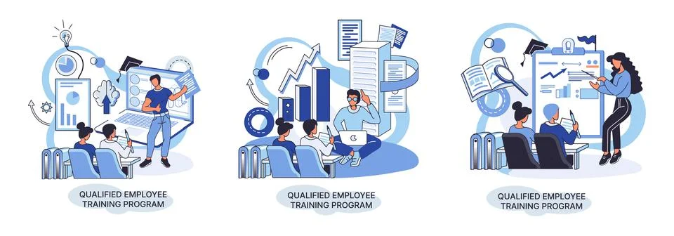 Qualified employee training program. Refresher course. Help in professional Illustrazione stock