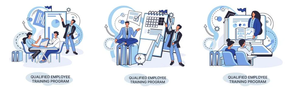 Qualified employee training program. Refresher course. Help in professional Illustrazione stock