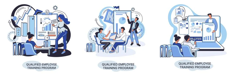 Qualified employee training program. Refresher course. Help in professional Illustrazione stock