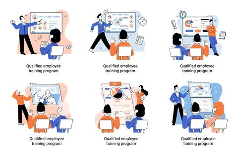 Qualified employee training program. Refresher course. Help in professional Illustrazione stock