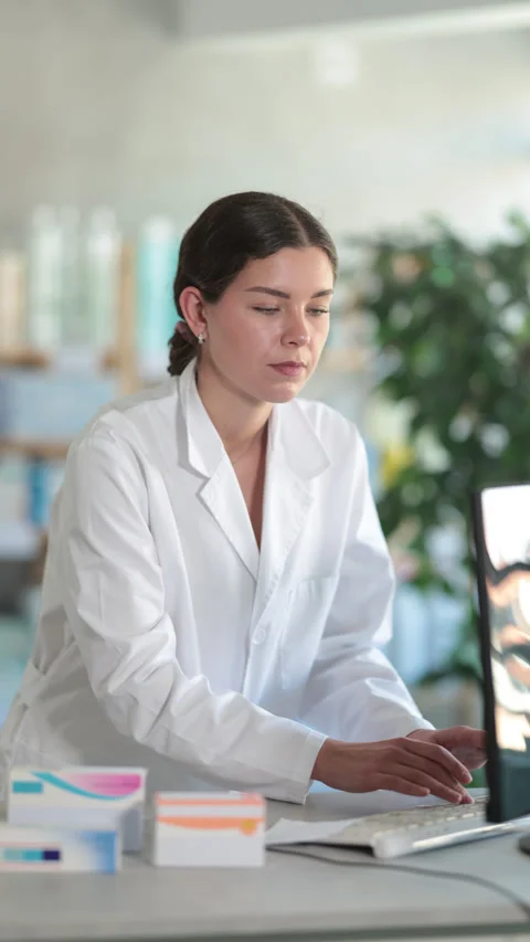 Qualified female pharmacist works at a computer in a European pharmacy Stock Footage 318945759