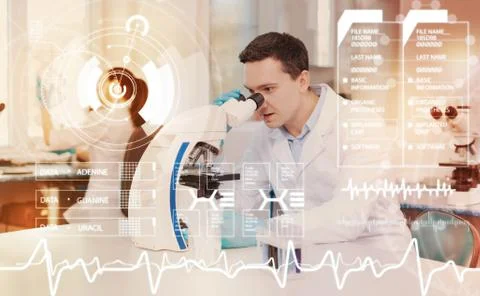 Qualified medical worker looking into the microscope and feeling impressed Foto stock