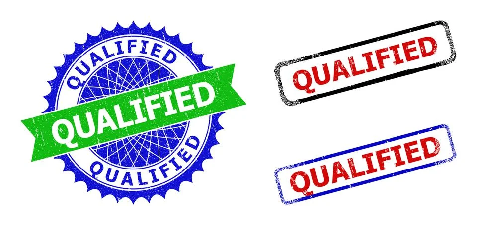 QUALIFIED Rosette and Rectangle Bicolor Seals with Grunged Surfaces Stock Illustration