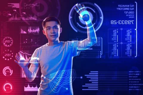 Qualified software developer putting his hands on the screen Foto stock