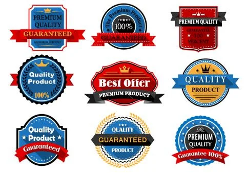 Quality and guarantee flat labels with heraldic elements Illustrazione stock