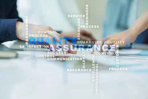 Quality assurance concept on the virtual screen. Business concept. Words cloud. Stock Illustration