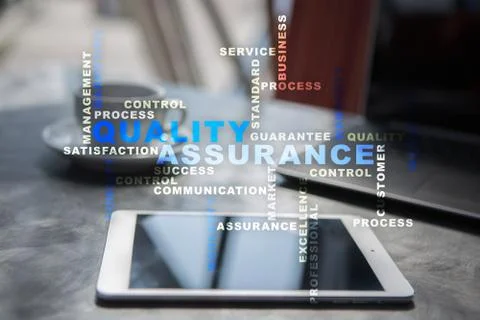 Quality assurance concept on the virtual screen. Business concept. Words cloud. Stock-Fotos
