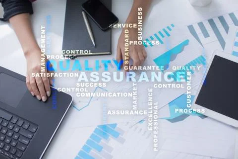 Quality assurance concept on the virtual screen. Business concept. Words cloud. Fotos Stock