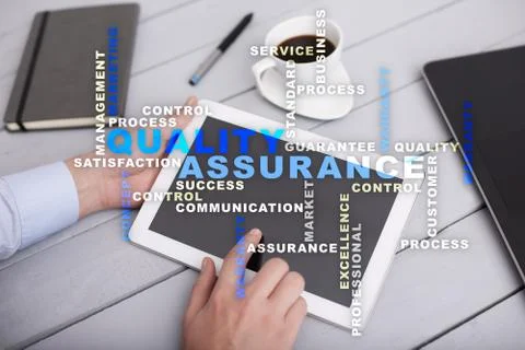 Quality assurance concept on the virtual screen. Business concept. Words cloud. Fotos Stock