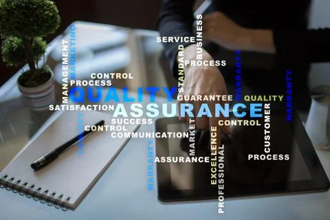 Quality assurance concept on the virtual screen. Business concept. Words cloud. Stock-Fotos