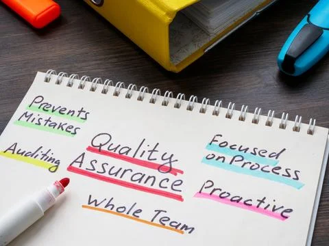 Quality assurance memo marks in the notebook. Stock Photos