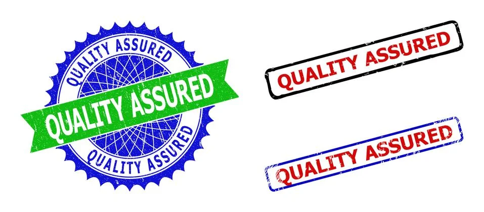 QUALITY ASSURED Rosette and Rectangle Bicolor Badges with Grunged Styles Illustrazione stock