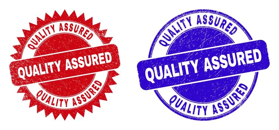 QUALITY ASSURED Rounded and Rosette Stamp Seals with Grunge Texture Stock Illustration
