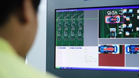 Quality check PCB printed circuit board on monitor with modern test equipment Video stock 81393105