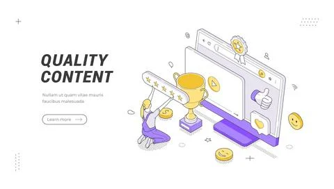 Quality Content banner template. Isometric vector illustration of a woman giv 스톡 일러스트