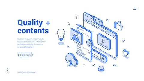 Quality content internet digital marketing outline isometric web banner des.. Stock Illustration