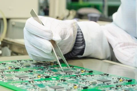 Quality control and assembly SMT printed components on circuit board Stock Photos
