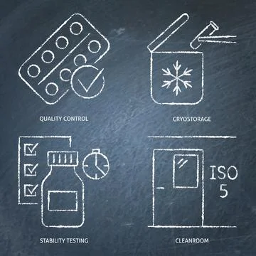 Quality control and standards chalkboard icon set Stock Illustration