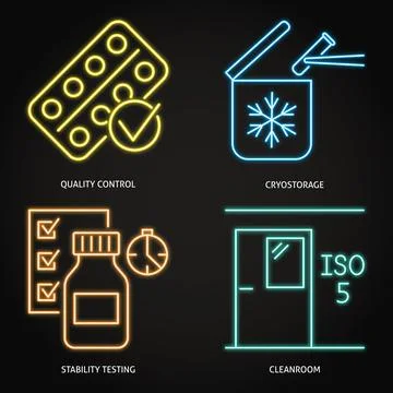 Quality control and standards neon icon set Stock Illustration