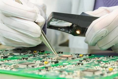 Quality control of electronic components on pcb Stock Photos