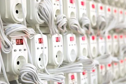 Quality control of electronic devices at the stand. Manufacture of sockets vo Stock Photos