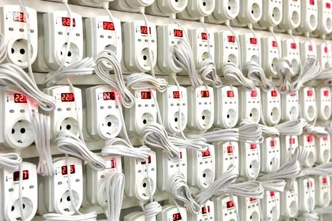 Quality control of electronic devices at the stand. Manufacture of sockets vo Stock Photos