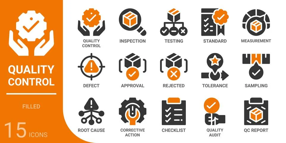 Quality control filled glyph icon set,15 vector icons Иллюстрация