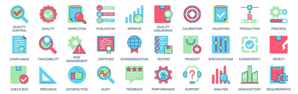 Quality control icon set in flat color icons web design. Pack pictograms with Stock Illustration