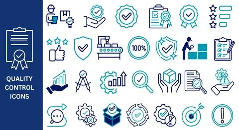 Quality Control Icon Set. Quality, inspection, evaluation, satisfaction. Stock Illustration