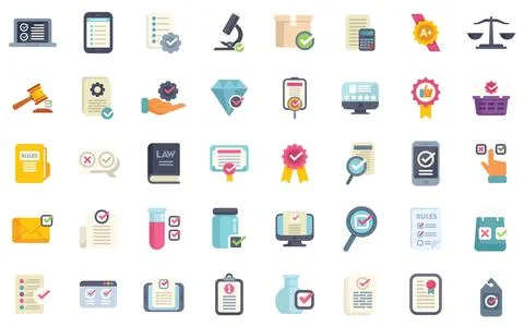 Quality control icons showing validation, verification, quality assurance, and Stock Illustration