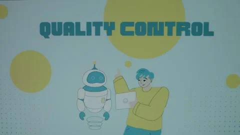 Quality Control inscription on blue background with big yellow dots. Graphic Stock Footage 270728882