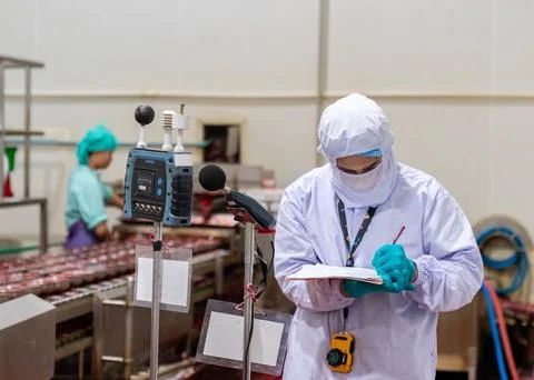 A quality control inspector in full PPE recording data from a sound level m.. Stock Photos