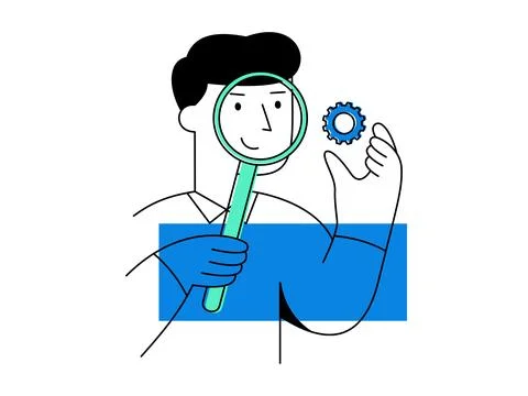 A quality control inspector holds magnifying glass and gear while smiling, .. Illustrazione stock