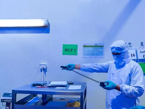 A quality control inspector in protective white coveralls using a digital m.. Stock Photos